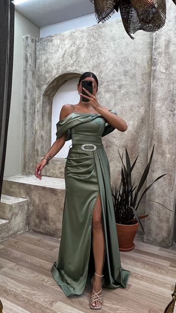 Cinta Di Corda Khaki Cinta Di Fiocco Abito Da Sera Satinato Drappeggiato