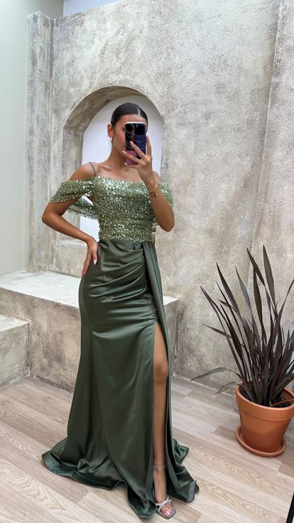 Haki İp Askılı Kol Detay Göğsü Pul İşlemeli Saten Abiye Elbise