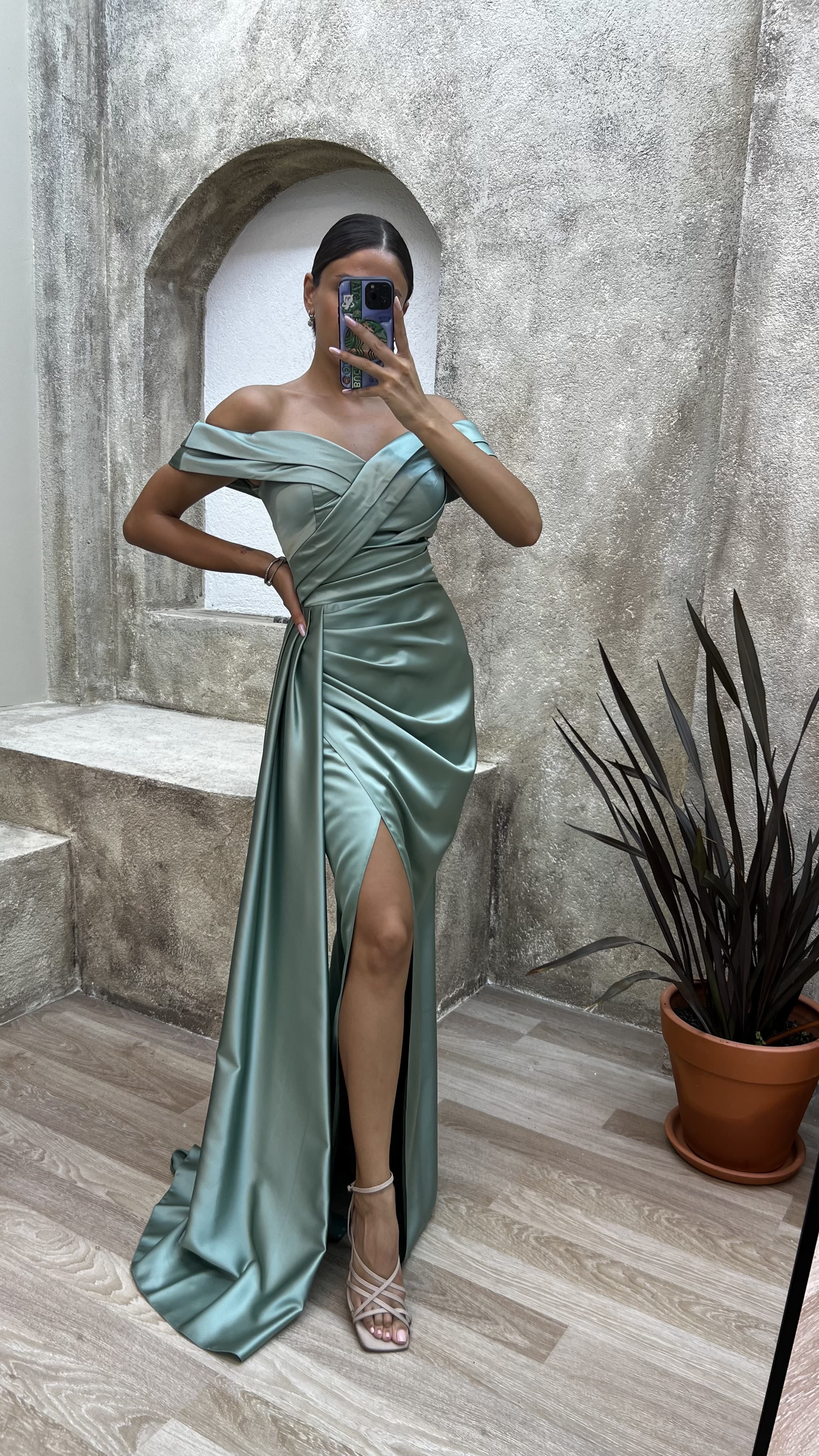 Mint Green Boat Neck Strapless Draped Satin Evening Dress