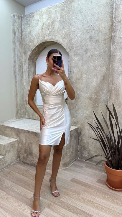 White Draped Satin Mini Evening Dress