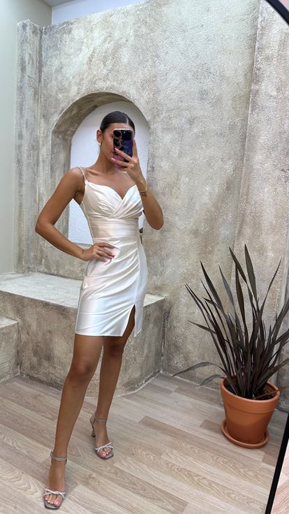 White Draped Satin Mini Evening Dress