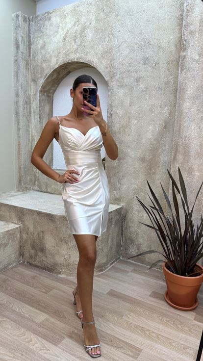 White Draped Satin Mini Evening Dress