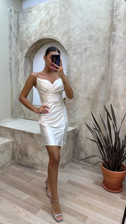 White Draped Satin Mini Evening Dress