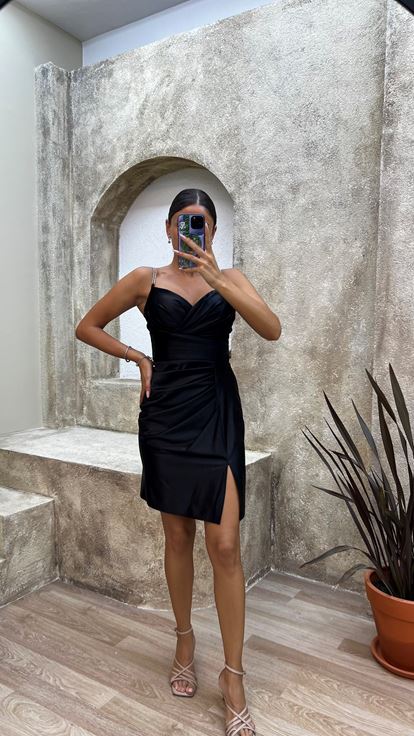 Black Draped Satin Mini Evening Dress