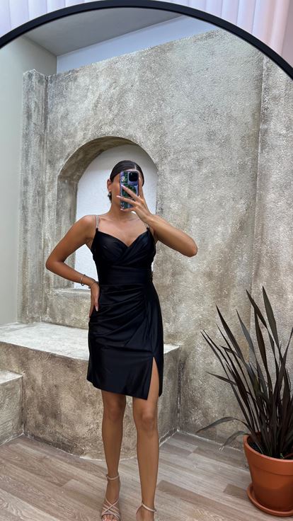 Black Draped Satin Mini Evening Dress