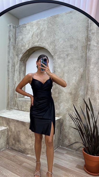 Black Draped Satin Mini Evening Dress