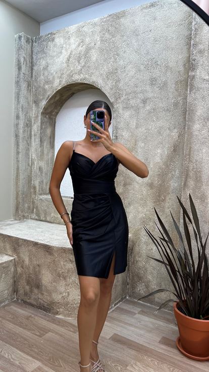 Black Draped Satin Mini Evening Dress
