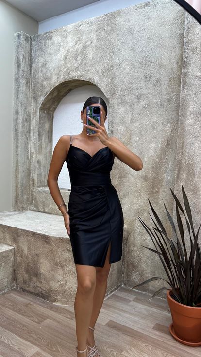 Black Draped Satin Mini Evening Dress