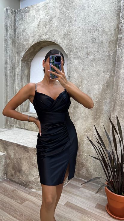 Black Draped Satin Mini Evening Dress
