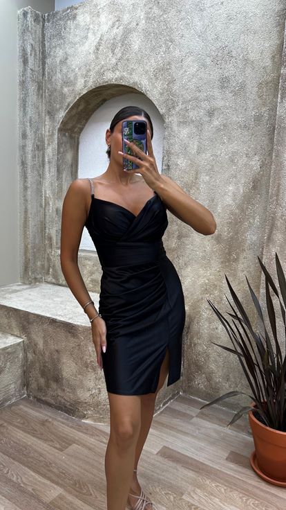 Black Draped Satin Mini Evening Dress