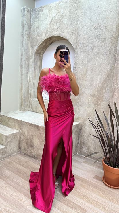 Fuchsia Rope Strap Chest Feathered Waist Detail Satin Evening Dress