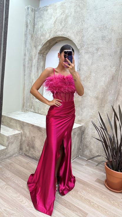 Fuchsia Rope Strap Chest Feathered Waist Detail Satin Evening Dress
