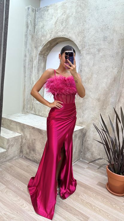 Fuchsia Rope Strap Chest Feathered Waist Detail Satin Evening Dress