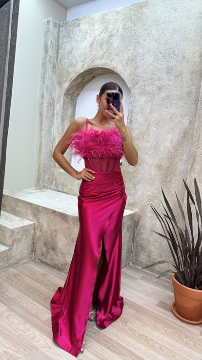 Fuchsia Rope Strap Chest Feathered Waist Detail Satin Evening Dress