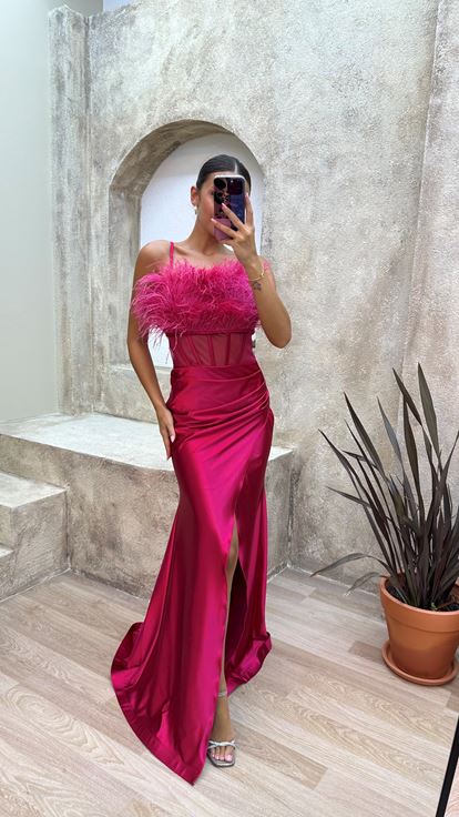 Fuchsia Rope Strap Chest Feathered Waist Detail Satin Evening Dress
