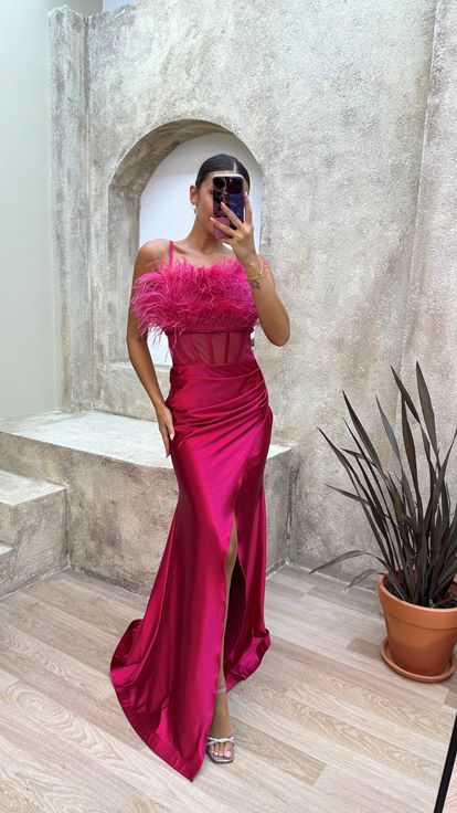 Fuchsia Rope Strap Chest Feathered Waist Detail Satin Evening Dress