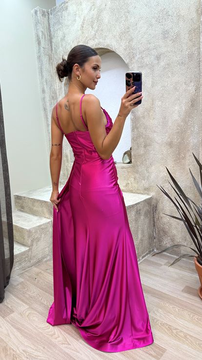 Fuchsia Corde Strap Taille Détail Drapé Satin Robe de soirée