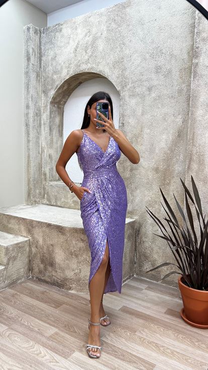 Lilac Rope Strap Back Detail Midi Sequin Evening Dress