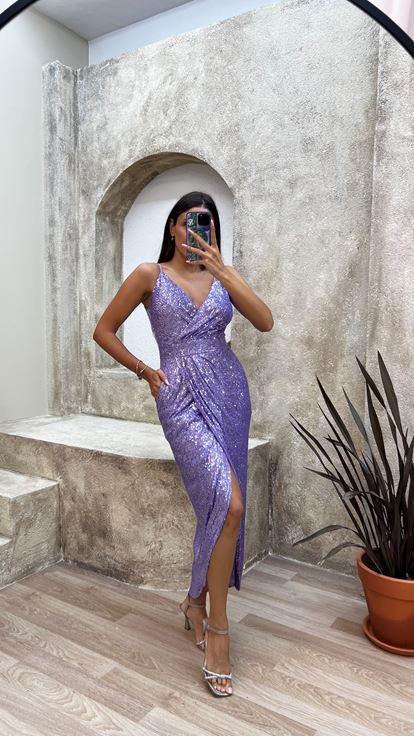 Lilac Rope Strap Back Detail Midi Sequin Evening Dress