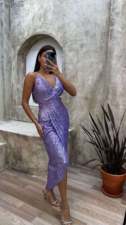 Lilac Rope Strap Back Detail Midi Sequin Evening Dress