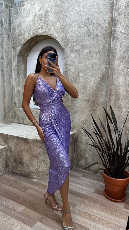 Lilac Rope Strap Back Detail Midi Sequin Evening Dress