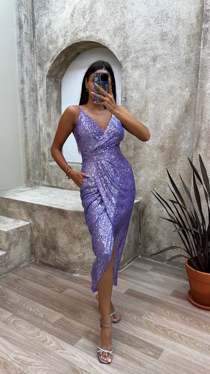 Lilac Rope Strap Back Detail Midi Sequin Evening Dress