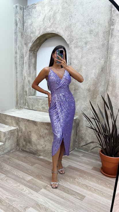 Lilac Rope Strap Back Detail Midi Sequin Evening Dress
