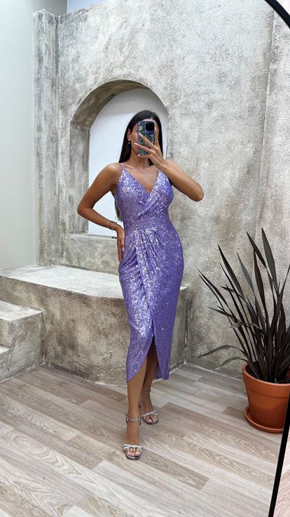 Lilac Rope Strap Back Detail Midi Sequin Evening Dress
