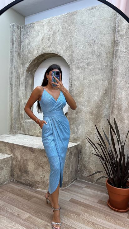 Blue Rope Strap Back Detail Midi Sequin Evening Dress