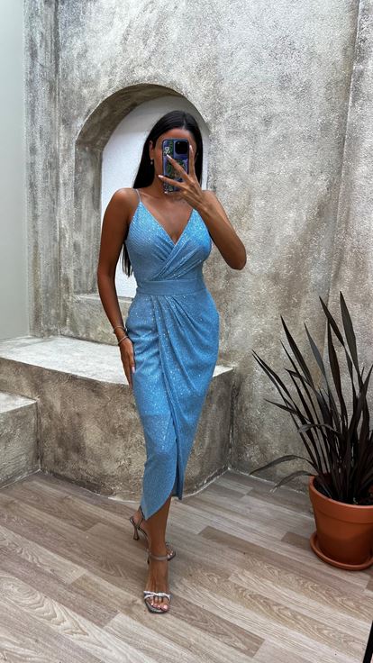 Blue Rope Strap Back Detail Midi Sequin Evening Dress