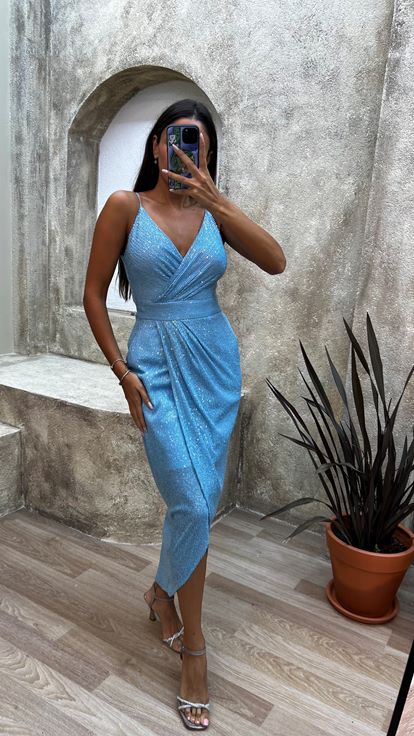 Blue Rope Strap Back Detail Midi Sequin Evening Dress