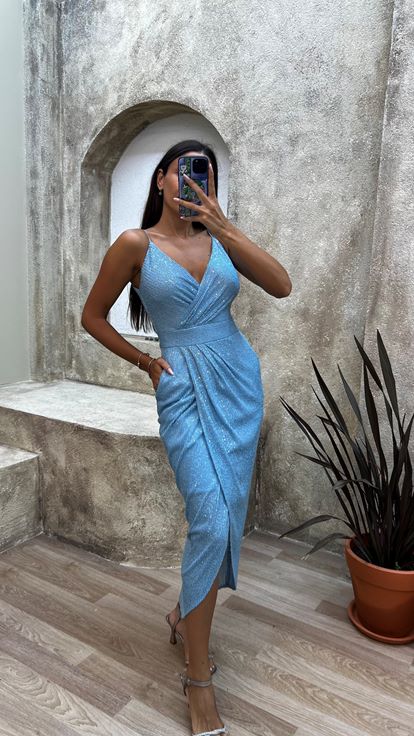 Blue Rope Strap Back Detail Midi Sequin Evening Dress