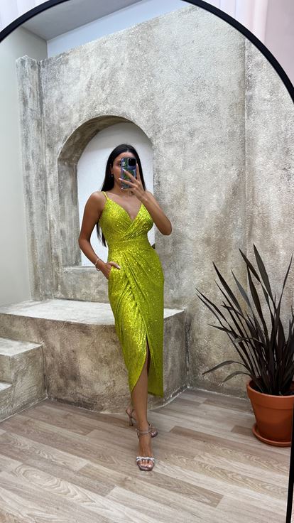 Yellow Rope Strap Back Detail Midi Sequin Evening Dress