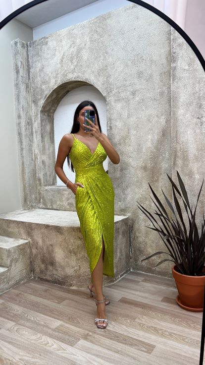 Yellow Rope Strap Back Detail Midi Sequin Evening Dress