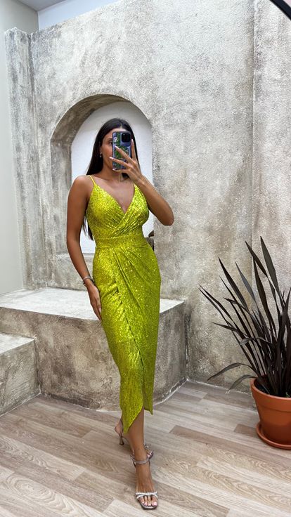 Yellow Rope Strap Back Detail Midi Sequin Evening Dress