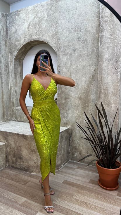 Yellow Rope Strap Back Detail Midi Sequin Evening Dress