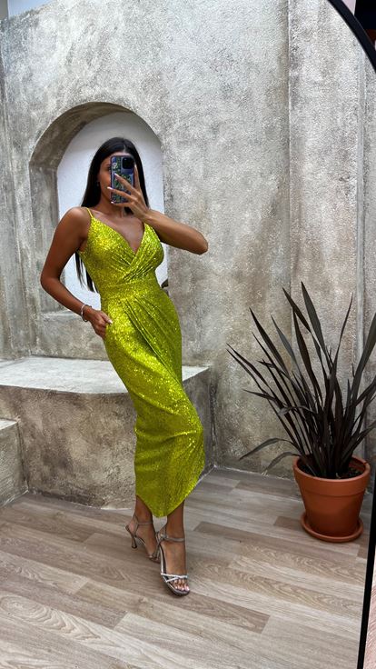 Yellow Rope Strap Back Detail Midi Sequin Evening Dress