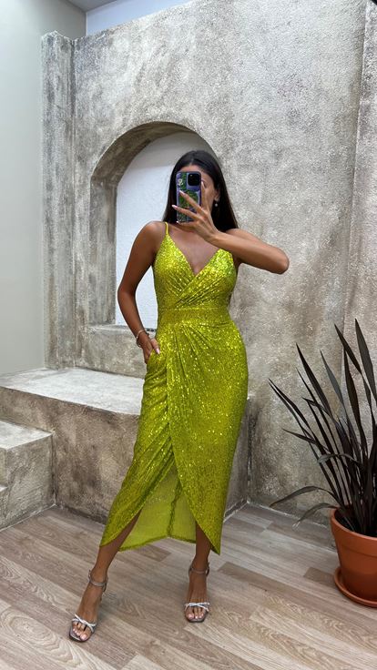 Yellow Rope Strap Back Detail Midi Sequin Evening Dress