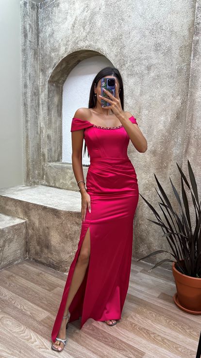 Fuşya Straplez Drapeli Saten Abiye Elbise