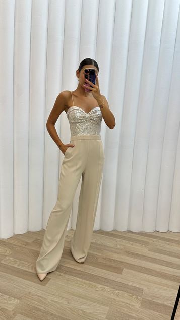 Beige Rope Strap Chest Sequin Detail Design Jumpsuit Dress