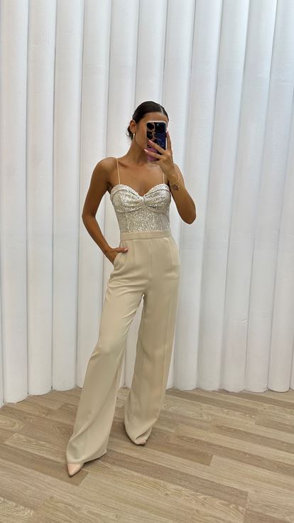 Beige Rope Strap Chest Sequin Detail Design Jumpsuit Dress