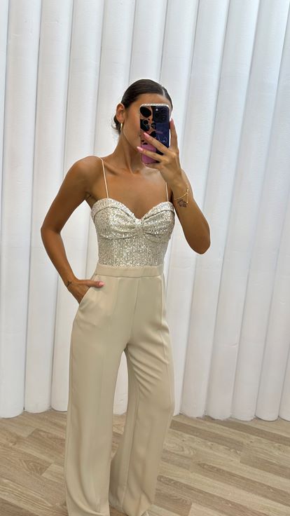 Beige Rope Strap Chest Sequin Detail Design Jumpsuit Dress