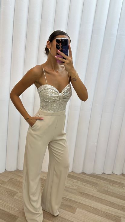 Beige Rope Strap Chest Sequin Detail Design Jumpsuit Dress