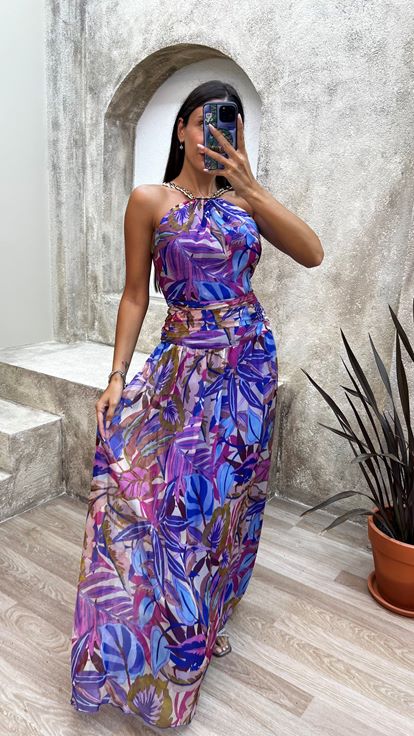 Robe à motifs à motifs de chaîne à col bleu