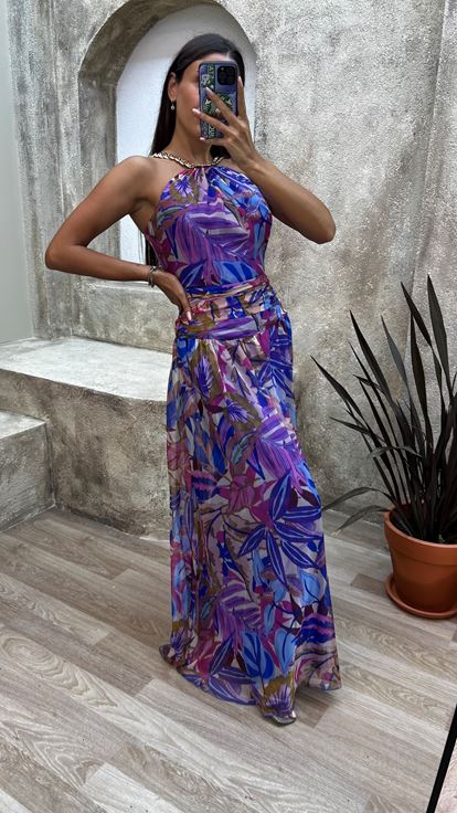 Robe à motifs à motifs de chaîne à col bleu