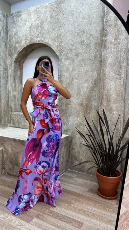 Lila Boyun Detay Desenli Elbise