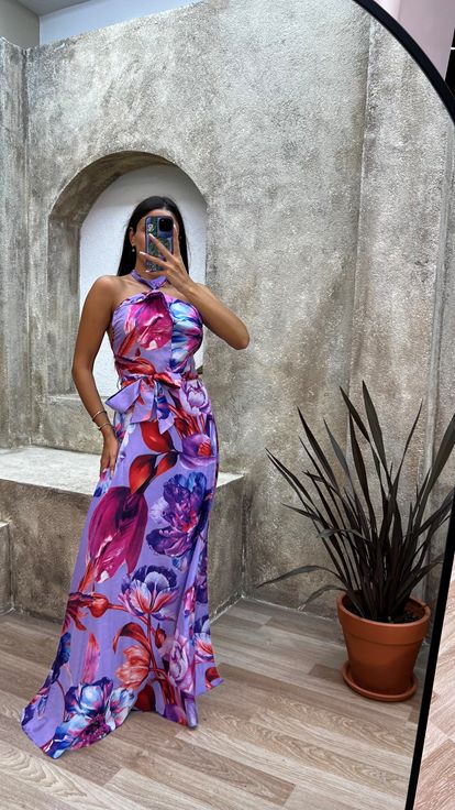 Lila Boyun Detay Desenli Elbise