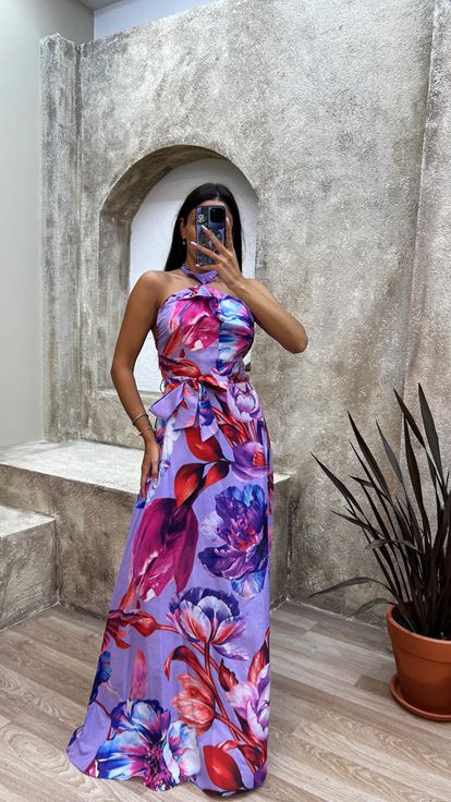 Lila Boyun Detay Desenli Elbise