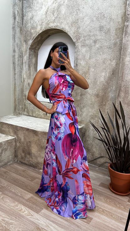 Lila Boyun Detay Desenli Elbise