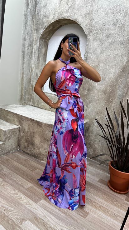 Lila Boyun Detay Desenli Elbise